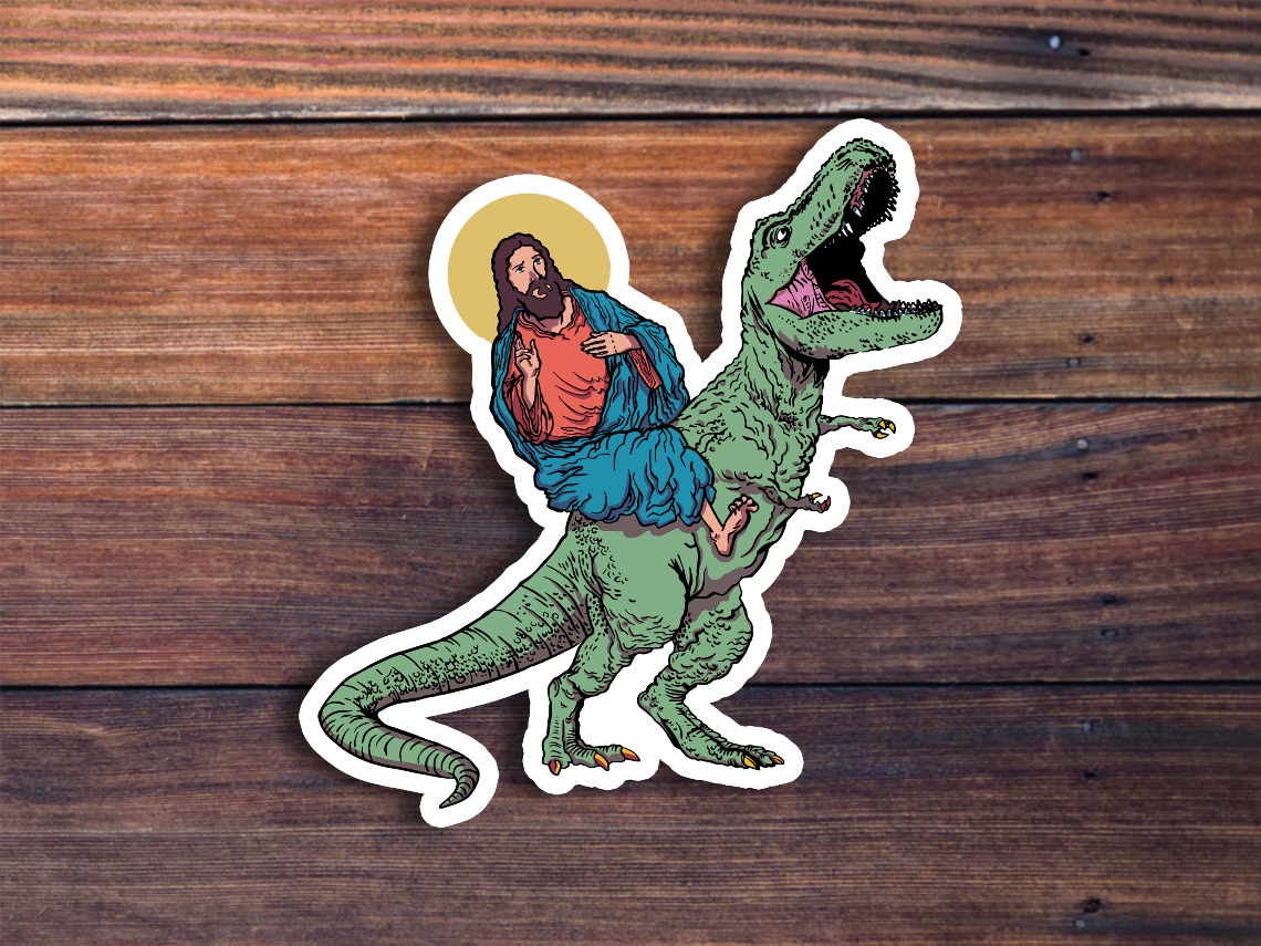 Jesus Riding Dinosaur Sticker