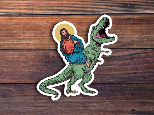 Jesus Riding Dinosaur Sticker