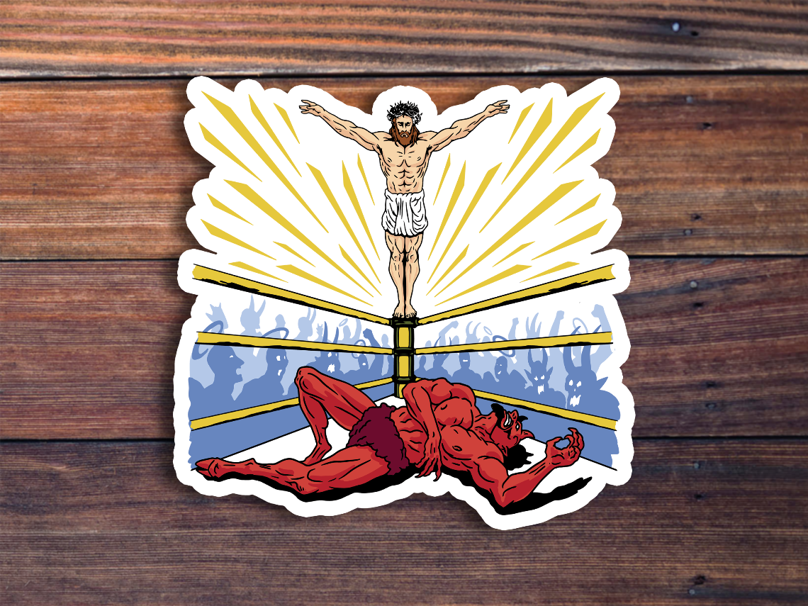 Jesus Wrestling Satan Sticker
