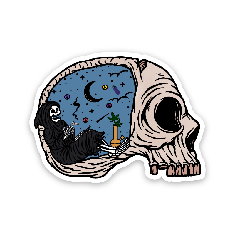 Grim Reaper Smoking Weed Inside A Skull Sticker