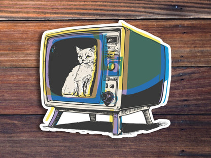 Cat Inside TV Sticker, Cat Sticker, Retro Vintage Sticker, Weird Sticker For Laptops, Water Bottles, Planners, Hydroflasks, And More