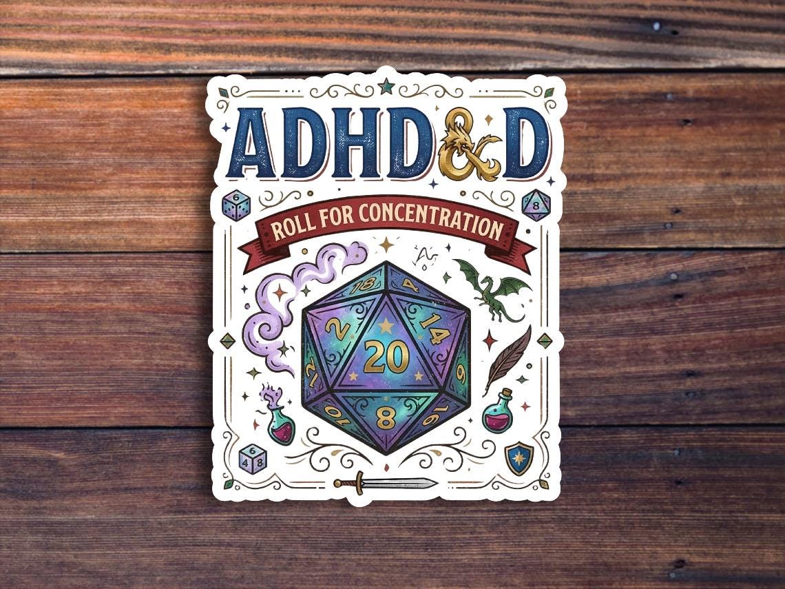 ADHD&D Sticker, Roll for Concentration D20 Dice Graphic (Waterproof Vinyl)
