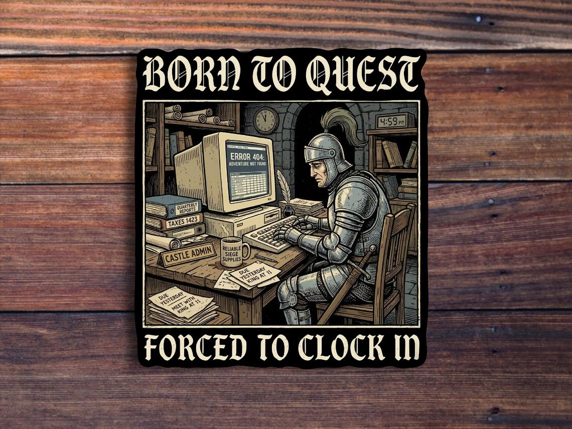 Born To Quest Forced To Clock In Sticker, Funny Medieval Knight Decal